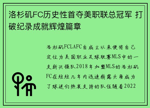 洛杉矶FC历史性首夺美职联总冠军 打破纪录成就辉煌篇章 洛杉矶FC历史性首夺美职联总冠军 打破纪录成就辉煌篇章